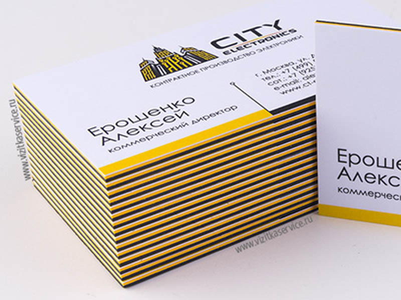 Кашированые визитки с черным и желтым слоем, с торцом в фирменных цветах компании