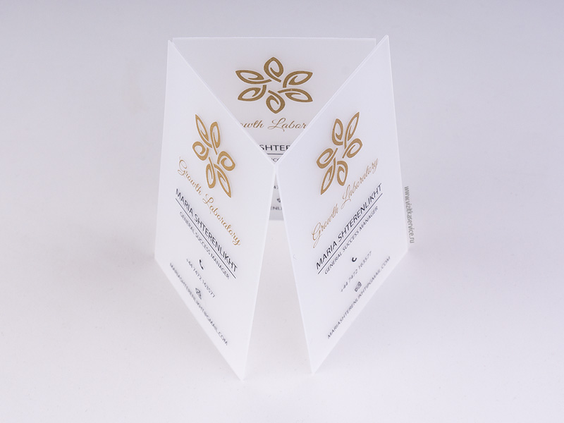 Элегантные визитки на полупрозрачном пластике напечатанные золотым и черным цветом