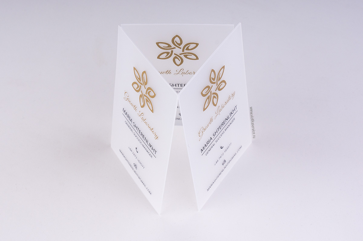 Элегантные визитки на полупрозрачном пластике напечатанные золотым и черным цветом