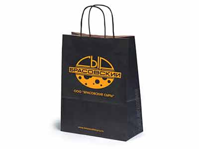 Черный крафт пакет с кручеными ручками, с логотипом магазина сыров